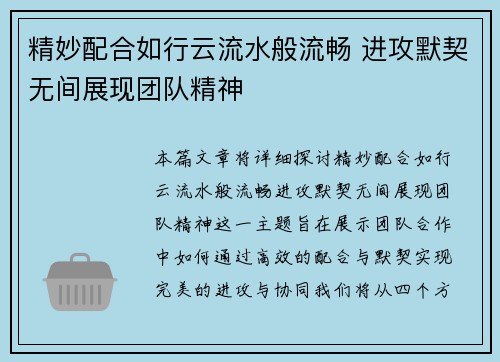 精妙配合如行云流水般流畅 进攻默契无间展现团队精神