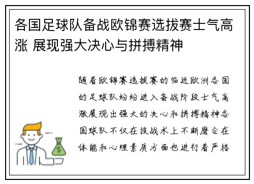 各国足球队备战欧锦赛选拔赛士气高涨 展现强大决心与拼搏精神