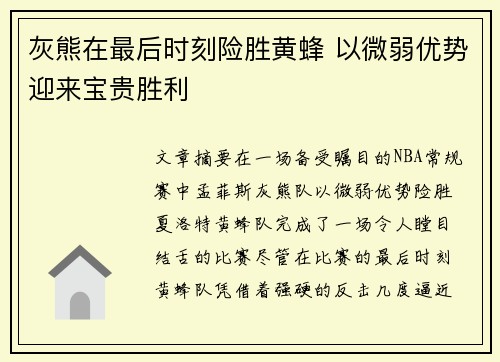 灰熊在最后时刻险胜黄蜂 以微弱优势迎来宝贵胜利