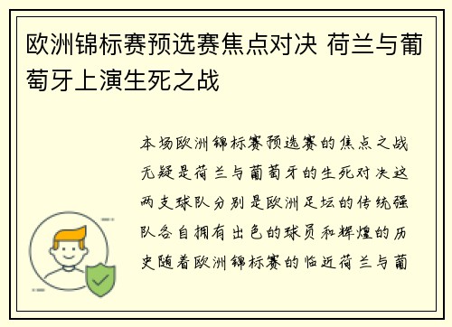 欧洲锦标赛预选赛焦点对决 荷兰与葡萄牙上演生死之战