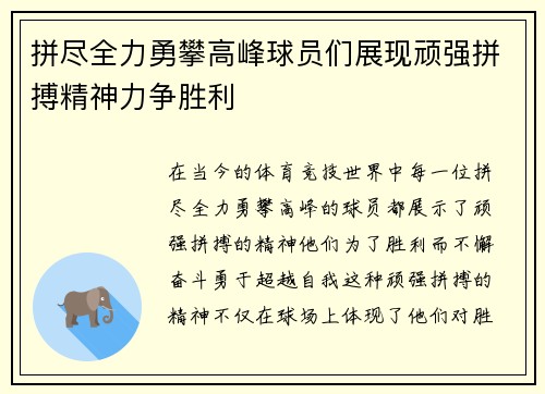 拼尽全力勇攀高峰球员们展现顽强拼搏精神力争胜利